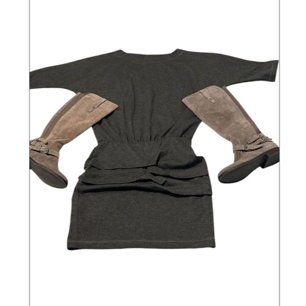 Nicole Miller szS grey dropped waist ruffled skirt raglan sleeve bodycon EUC